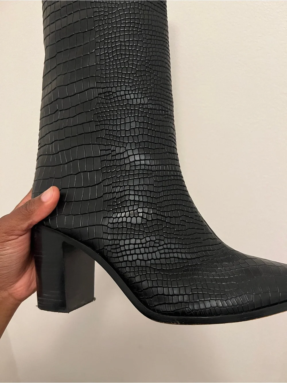 Schutz Black Croc-Embossed Knee Boots